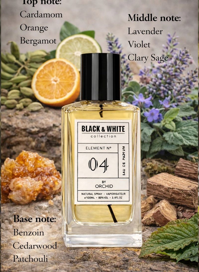 أوركيد عطر بلاك آند وايت إليمنت N.04 بور أوم أو دو بارفان 100 مل للرجال | عطر خشبي حمضي حار طويل الثبات بنفحات الهيل والبرتقال والبرغموت واللافندر مع قاعدة من الباتشولي - Image 2